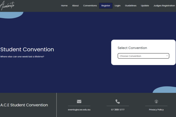 Screenshot of the Accelerate Convention Portal login and registration page.